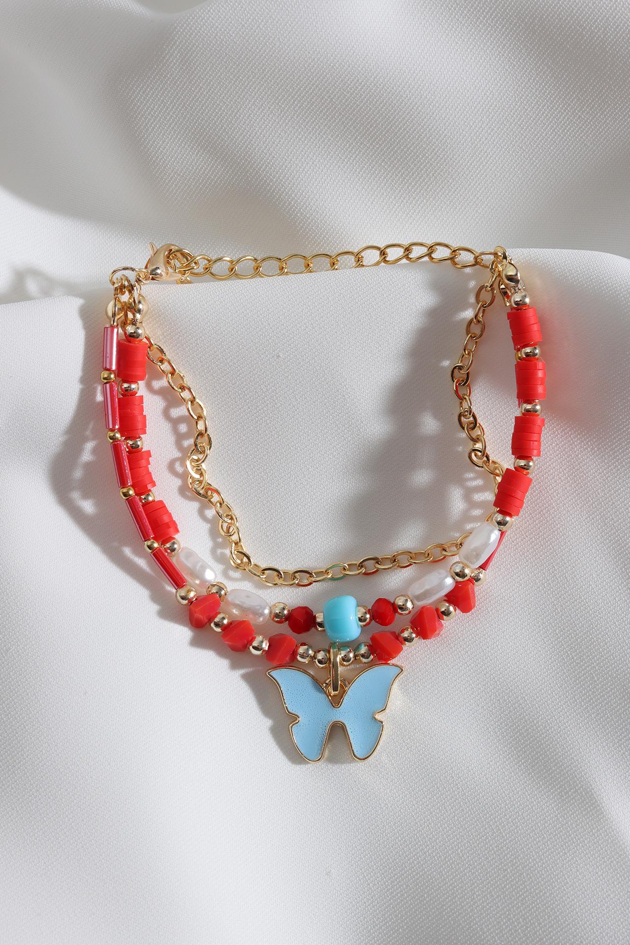 

Красный браслет из трех частей с подвеской-бабочкой и бусинами Fimo