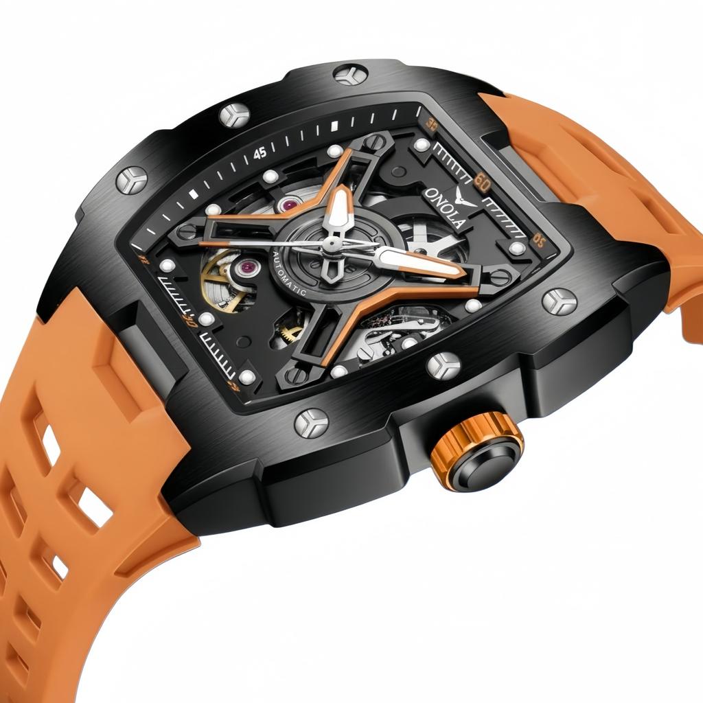 Luminous Skeleton Self Winding Mechanical Watches for Men Tonneau Shape Waterproof Sports Watch Rubber Strap