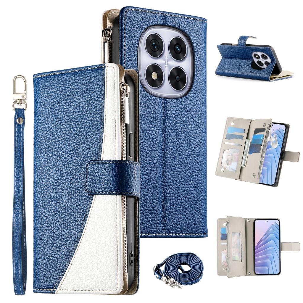 For Xiaomi Redmi Note 14 Pro 5G Case Zipper Wallet Color Splicing Leather Flip Phone Cover with Straps