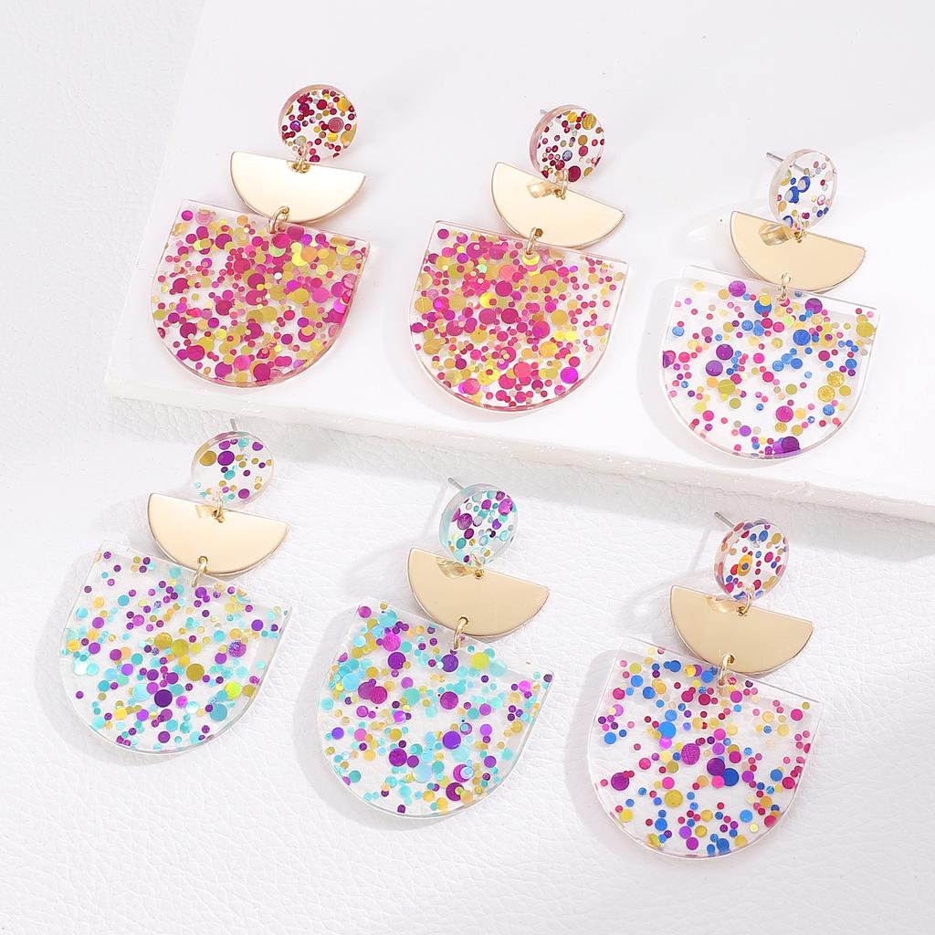 New Acrylic Color Shiny Stud Earrings Retro Color Matching Square Round Earrings Geometric Circle Sequin Earrings