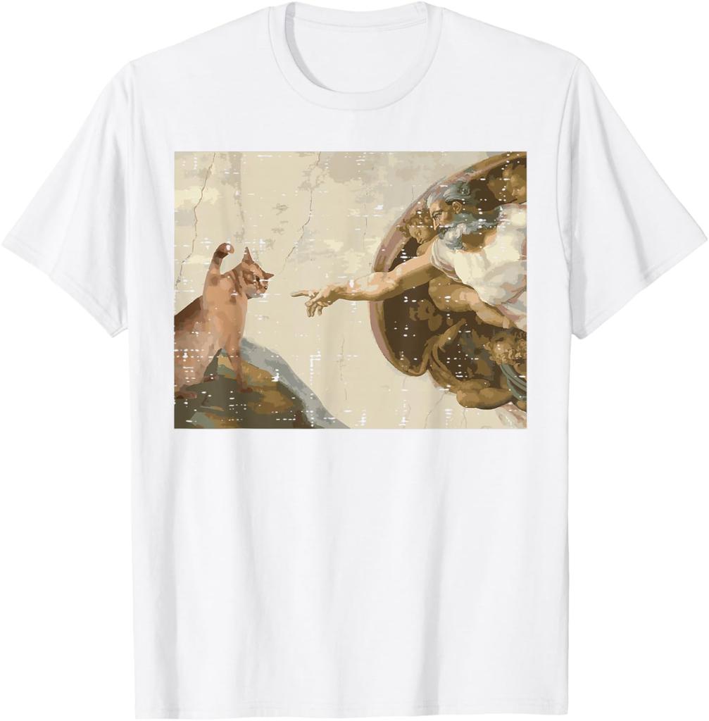 Creation Of Adam Cat Meme Art Graphic Tee Casual Short Sleeve Tshirt For Unisex