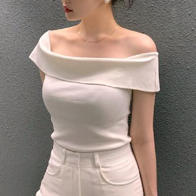Summer New Temperament Small Sexy One-line Neck Off-the-shoulder Slimming Striped Short-sleeved Sweater Top Woman