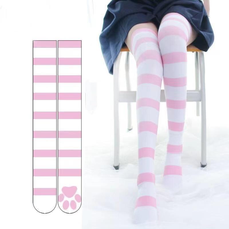 Lolita Gotico Velluto Sopra il Ginocchio Coscia Alta JK Calze Lunghe Lolita Calze Sopra il Ginocchio Striscia Stampa Zampa di Gatto Calze