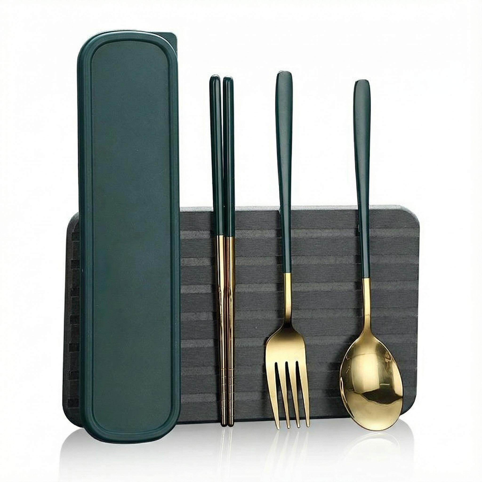

Portable 3-Piece Cutlery Set: Spoon, Fork & Chopsticks with Travel Storage Case (Green & Gold) зелёный