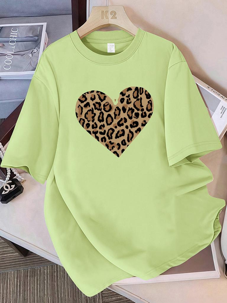 Summer Cotton TShirts Women Simple Leopard Print Heart Printing T Shirt ONeck Comfortable Loose Tops Street Womans Clothes