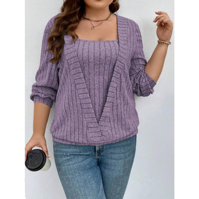 Осенний женский однотонный трикотаж в полоску с V-образным вырезом и длинным рукавом S фиолетовый