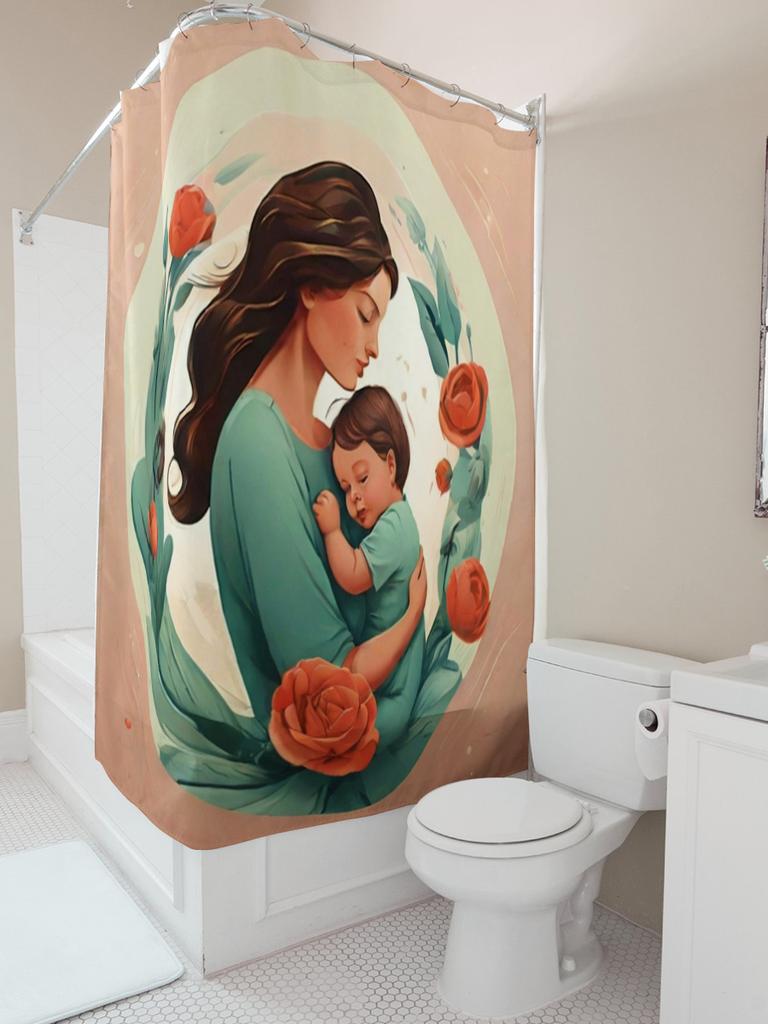 Heartwarming Mother And Child Rose Shower Curtain - Waterproof, Mildew-Resistant, Machine Washable For Cozy Bathroom Decor