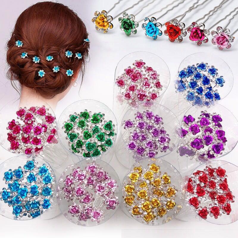20Pcs/set Women U-shaped Hair Fork Pin Crystal  Rose Flower Hair Clips Rhinestone Hair Stick Wedding Bridal Jewelry Headwear Gift