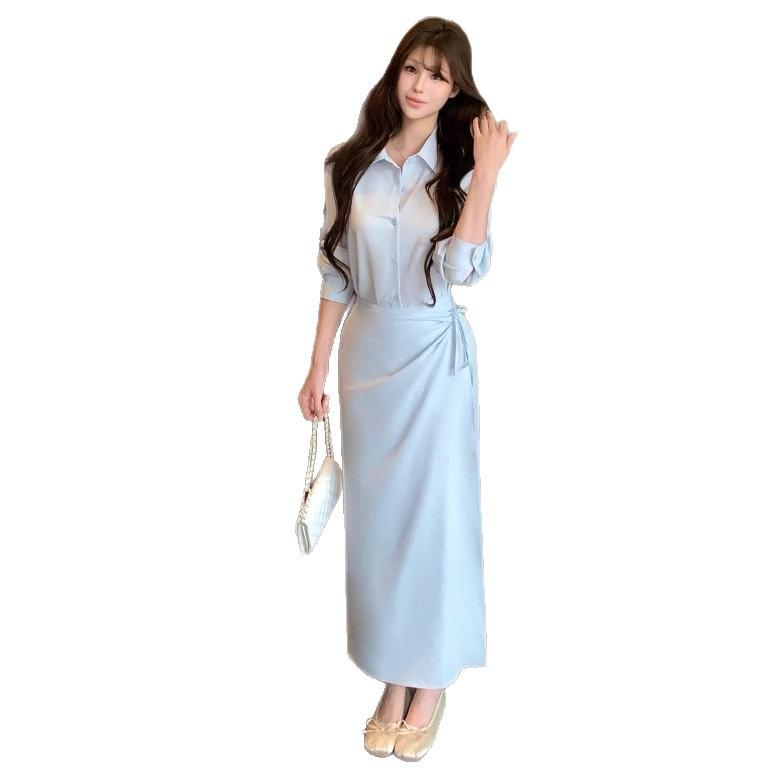 High-end Fake Two-piece Blue Shirt Dress Women's Early Autumn Niche Design Showing Thin Temperament POLO Long Skirt