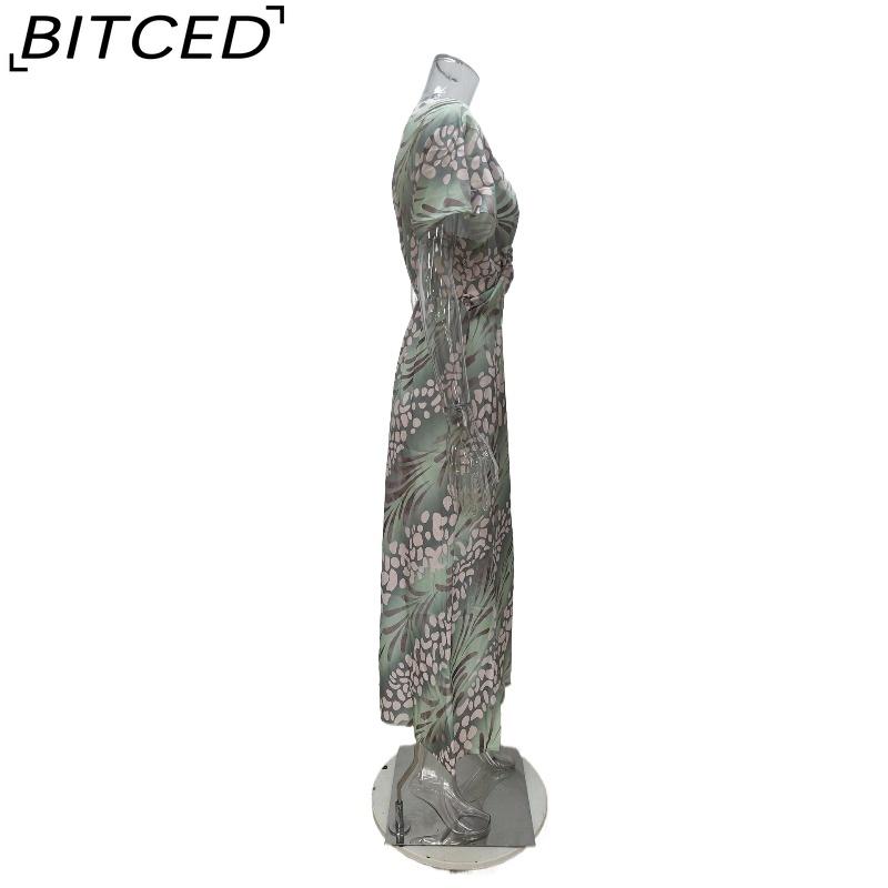 BITCED Damenmode Eng anliegend Bedruckt Gedreht Mittlere Taille Sinnlich V-Ausschnitt Frühling Kleid