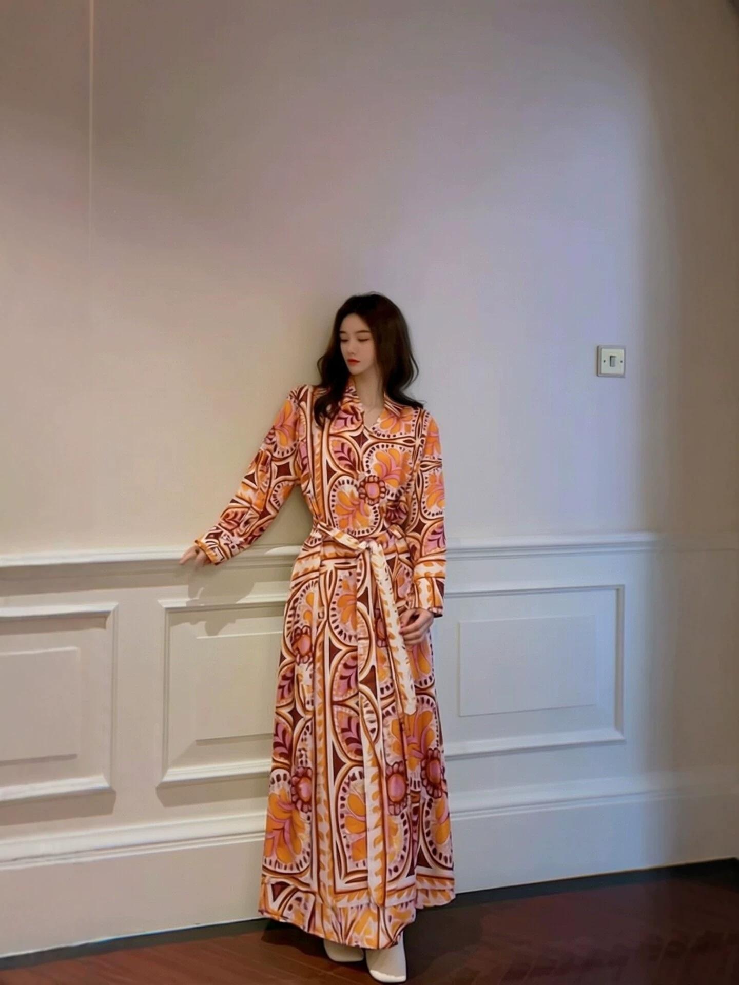 Flowers like brocade, French satin silky long-sleeved dress, women s summer temperament, long-sleeved lapel shirt, long dress l 55-65kg оранжевый