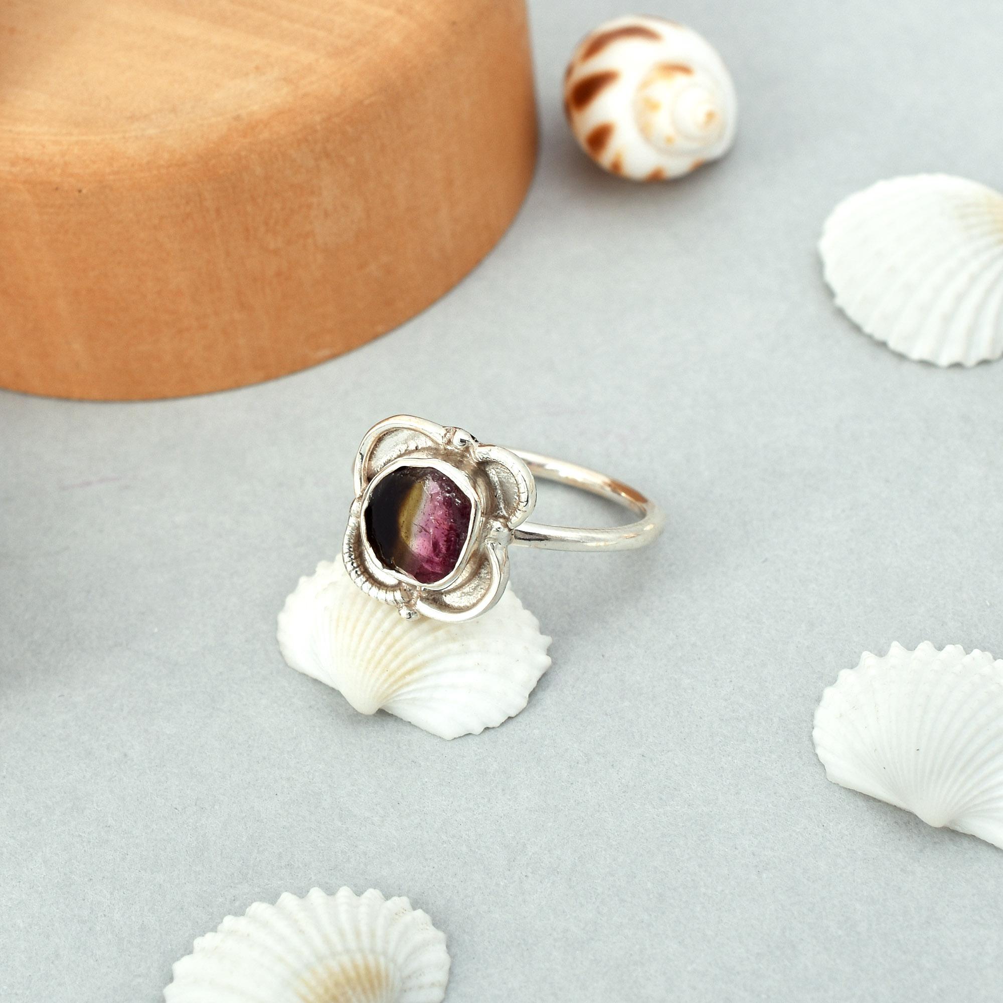 

Кільце з натурального необробленого триколірного срібла 925 проби з турмаліном 6,5, подарунок США 6.5 US