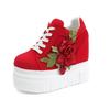 Autumn Thick-soled Inner Height Increase Heel Round Head Embroidered Canvas Light Mouth Lace-up Solid Color Single Shoes