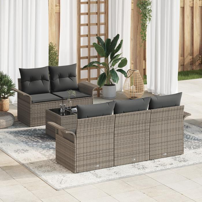 Ensemble de Canapés de Jardin de 6 pièces avec coussins en rattan poly gris, Canapé de jardin 2 places avec rangement 3353908