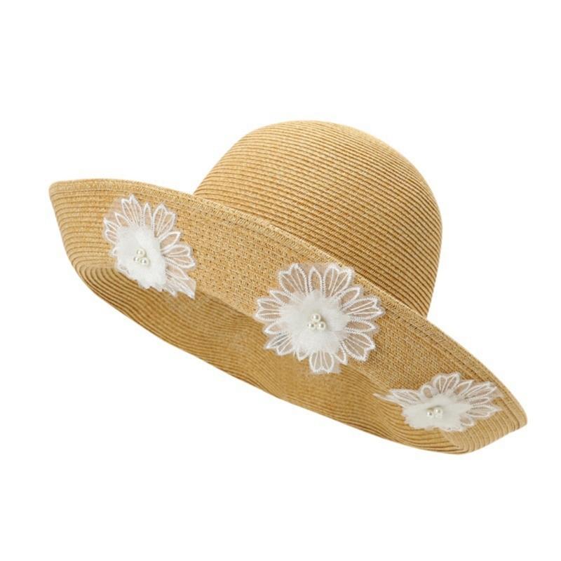 

Elegant Lace Trimmed Wide Brims Straw Hat Handwoven Oversized Design For Women Summer Beach Vacation Outdoor Activity