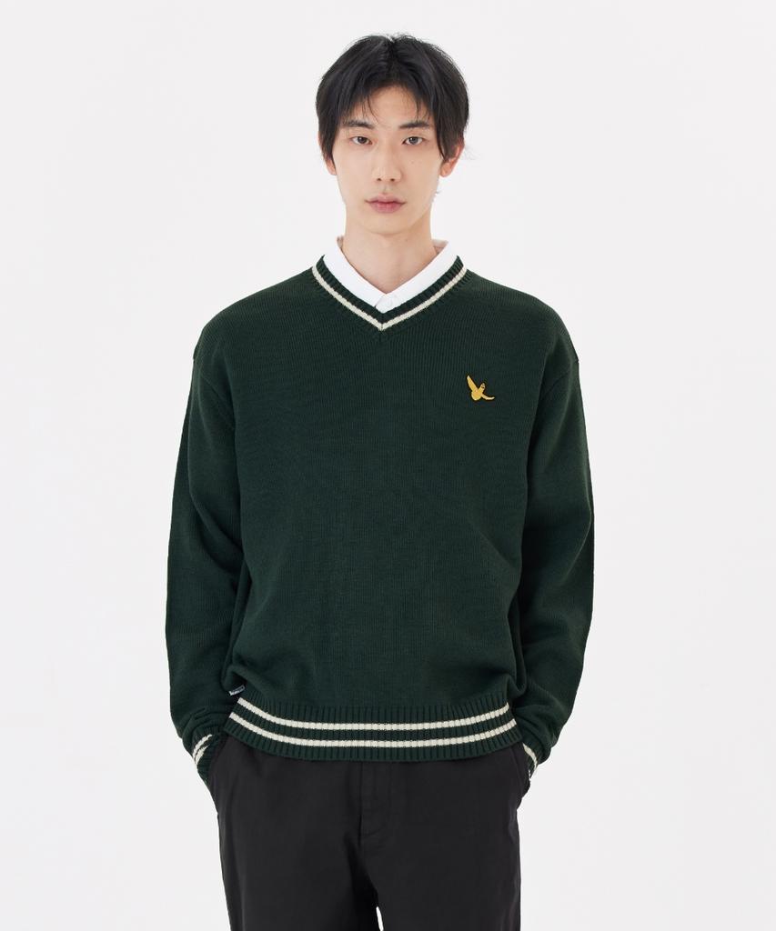 MARK GONZALES Angel V-Neck Preppy Knit - D/Green