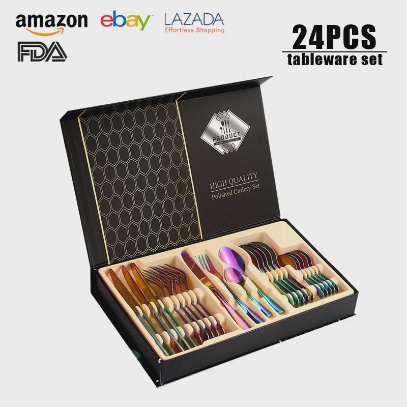 24-teiliges titanbeschichtetes Edelstahl-Besteckset: Messer, Gabel, Löffel in Klappbox (1010 Serie)