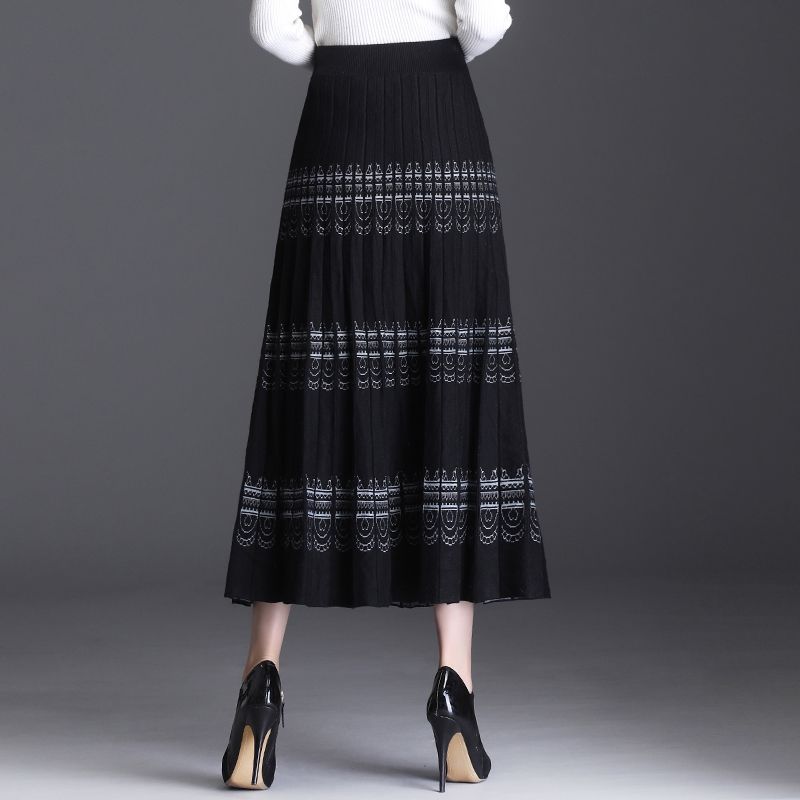 Damen Ethno-Stil High-End Verdickter Strick Midi-Rock Winter Hohe Taille A-Linie Bodycon Ausgestellter Rock