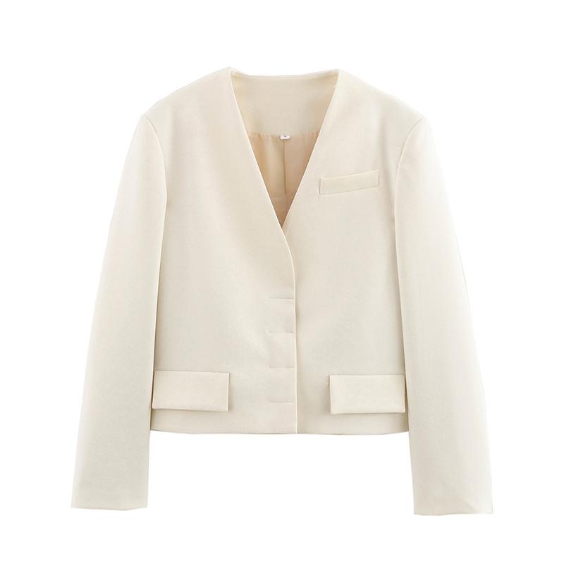 Mode Kurze Einfarbige Blazer Damen V-Ausschnitt Langärmelig Freizeitjacke Elegant Pendeln Lockerer Mantel Frühling und Sommer