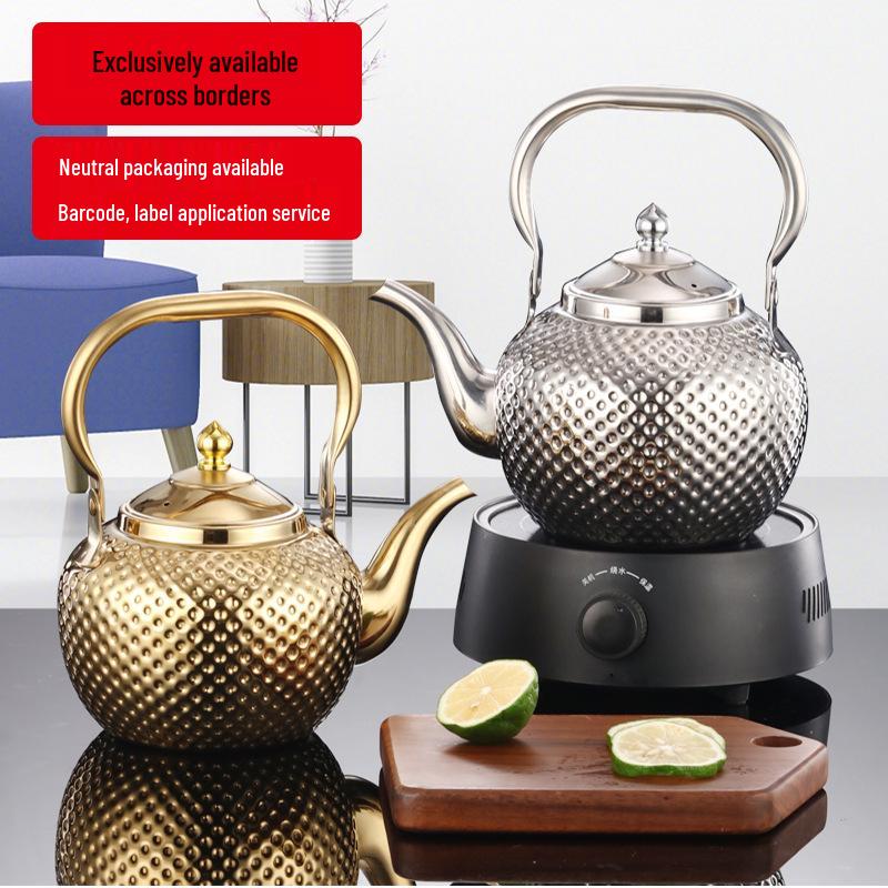 Gold Spherical Stainless Steel Kettle with Hammered Texture - Large Capacity for Hotels and Restaurants.