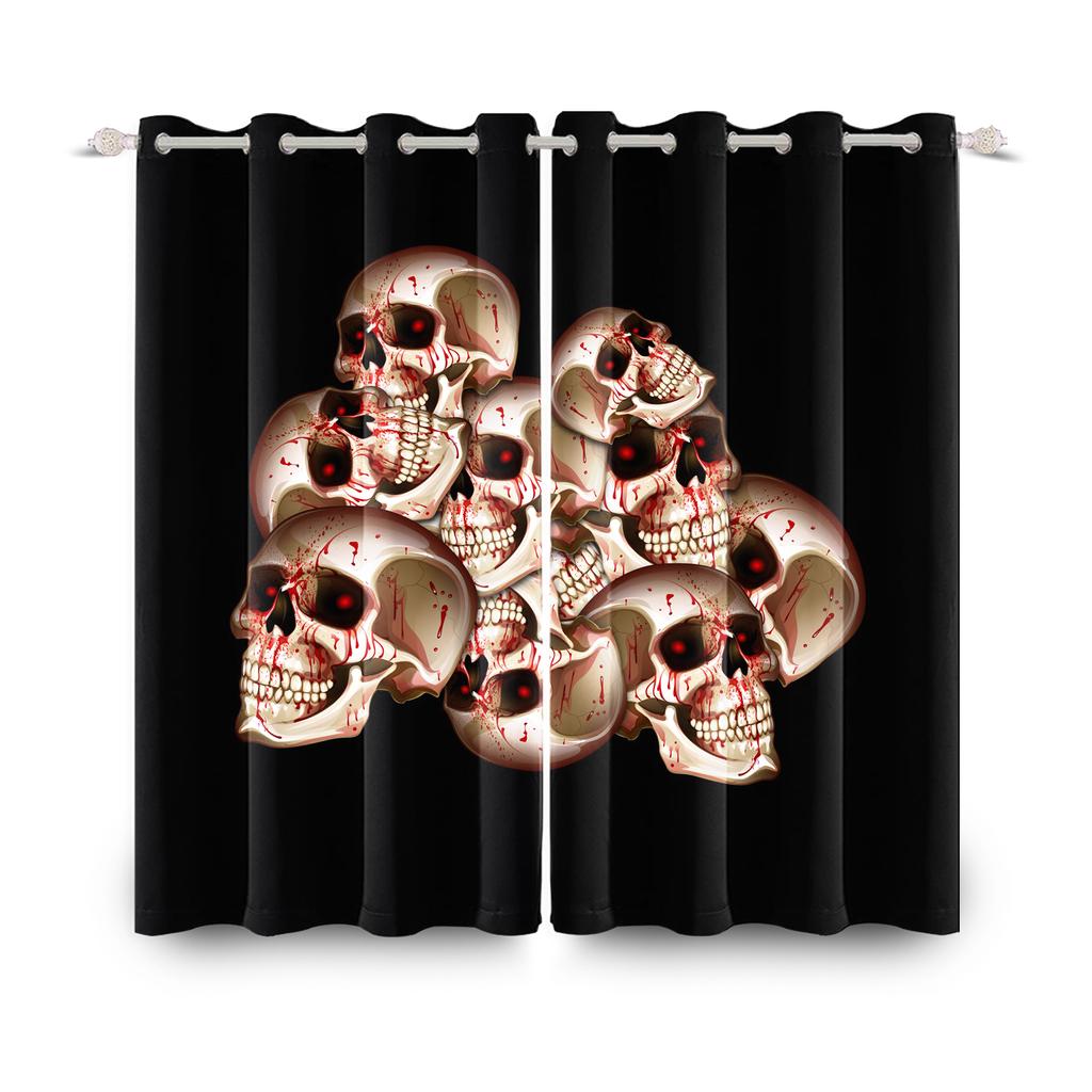 Set Of 2 Halloween Skull Theme Curtains Thermal Insulation Home Interior Horror Bedroom Window Curtain Light Blocking For Made Polyester