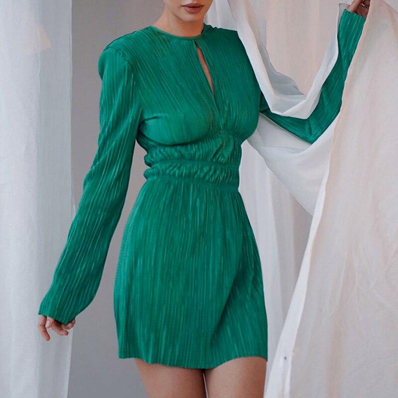 

2023 Spring Elastic Female Dress Pleated Women High Waist Dress Long Sleeve Eye let Party Dress Ladies Back Keyhole L зелений