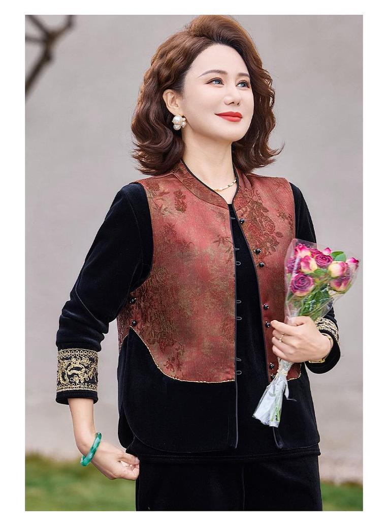 Elegant Spring/Autumn Three-Piece Set: Stylish Chinese-Style Vest & Top for Middle-Aged Women