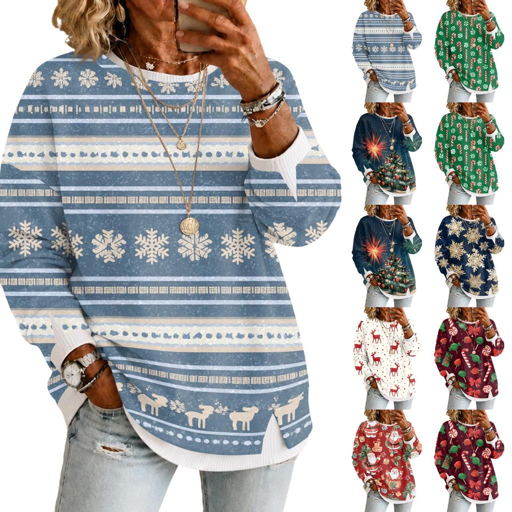 Women's Casual Christmas Print Long Sleeve Pullover with Round Neck