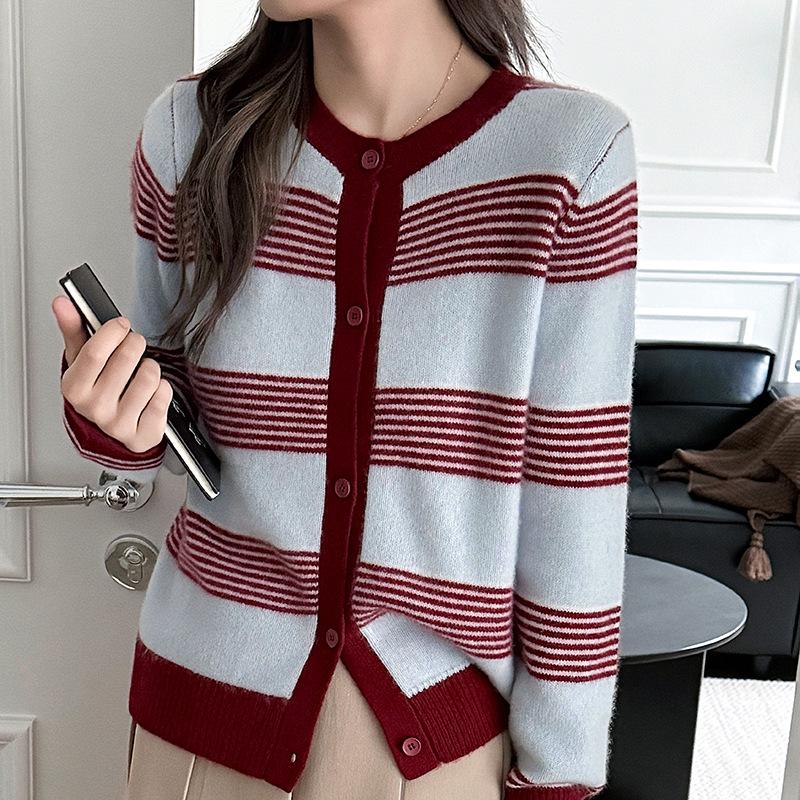 Autumn/Winter 2024 Women's 100% Wool Striped Cardigan - Round Neck, Loose Fit Sweater Coat