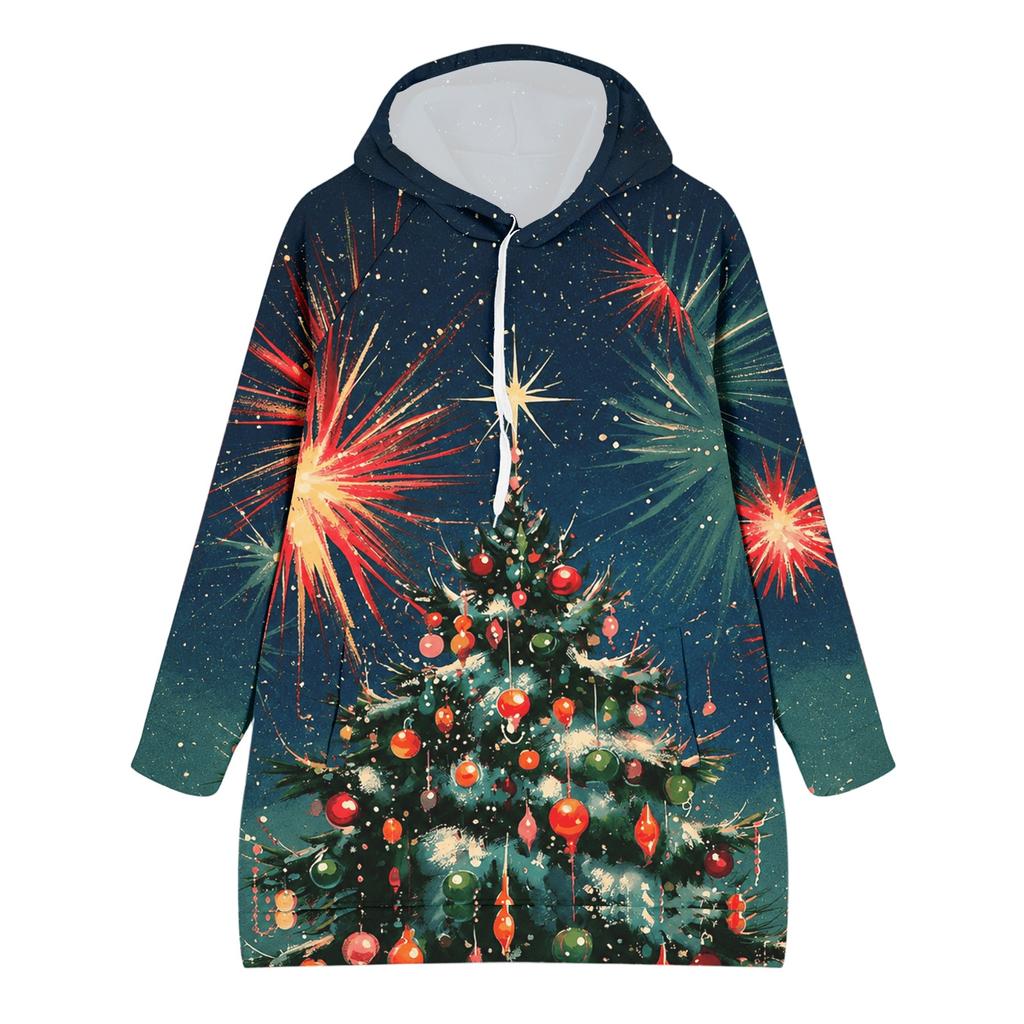 Women's Christmas Print Long Sleeve Hooded Sweatshirt with Festive Holiday Design