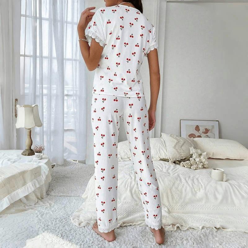 Womens Cherry Print Pajama Set With Water-Soluble Embroidery Trim Short Sleeve Long Pants Loungewear Outfit