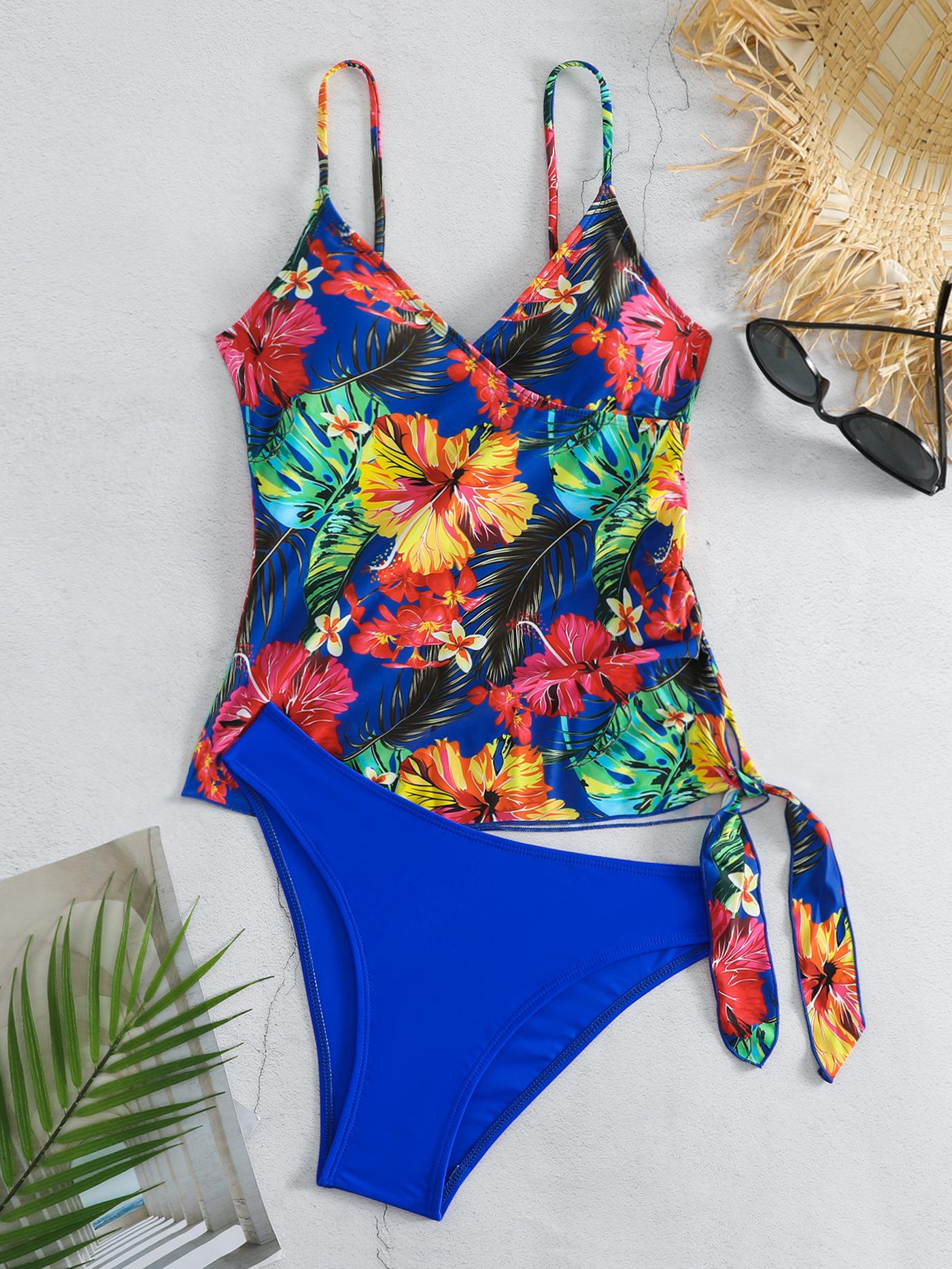 

Европейский и американский печатный танкини из двух частей с контролем живота X-Large синий