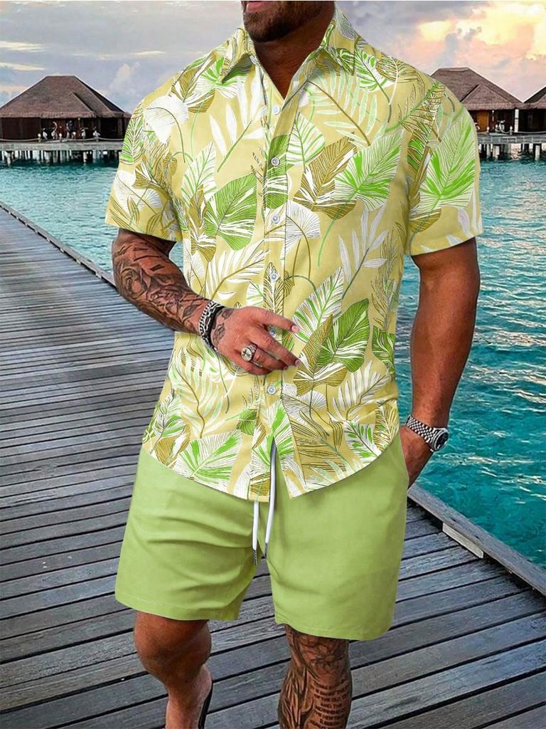Sommer Strand 2-teiliges Hemd Set Herren Lässig Tropischer Print Kurzarmhemd Und Shorts Set Tropisches Hemd Herren Urlaubs Sets