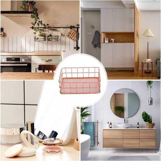 Rose Gold Wire Mesh Basket,Makeup Storage Basket Organizer Metal Desk Drawer Organizer Desktop Holder Tray Metal Grid Fruit Clothing Table Organizing