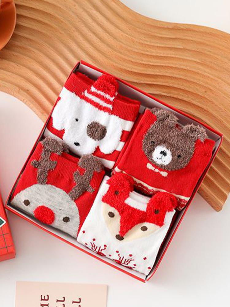 4 Pairs Womens Christmas Socks with Gift Box Elk Happy Funny Plush Socks Elk Christmas Socks for Women Men Holiday Gifts