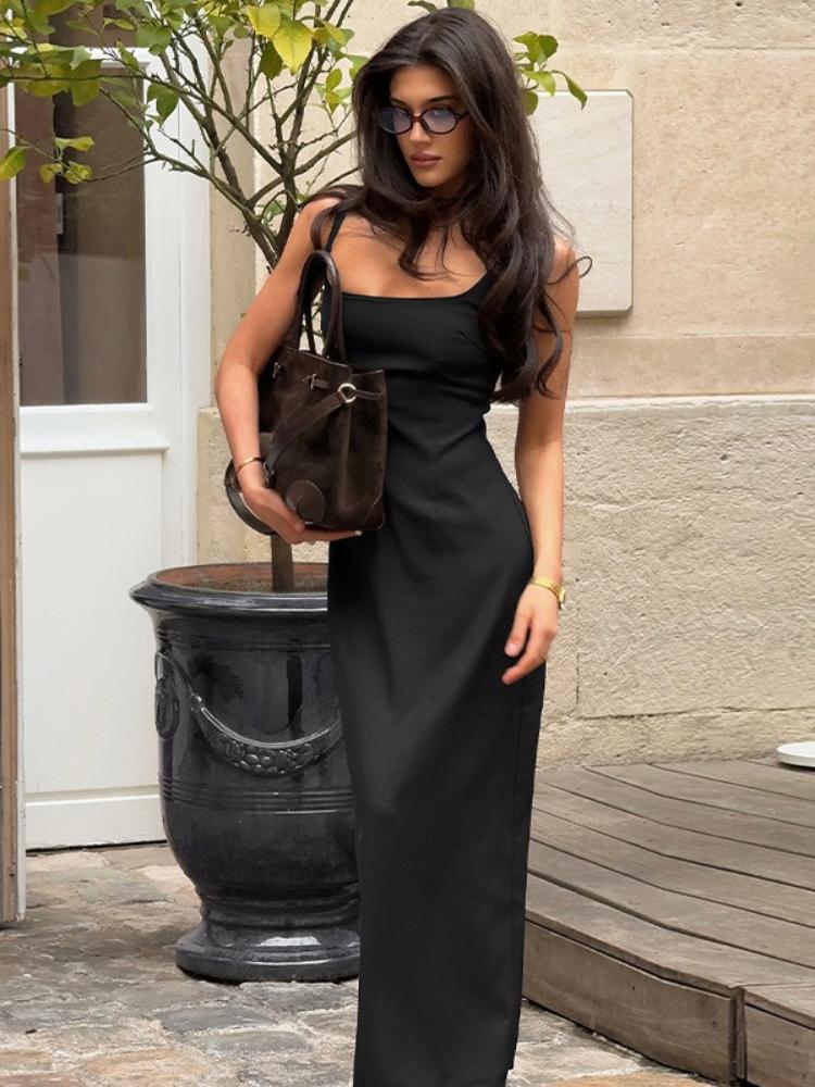 New Women's Elegant Solid Cami Maxi Dress Spaghetti Strap Bodycon Slip Dress Slim Fit Sleeveless Backless Dress for Office Brunch Daily Dates Wear