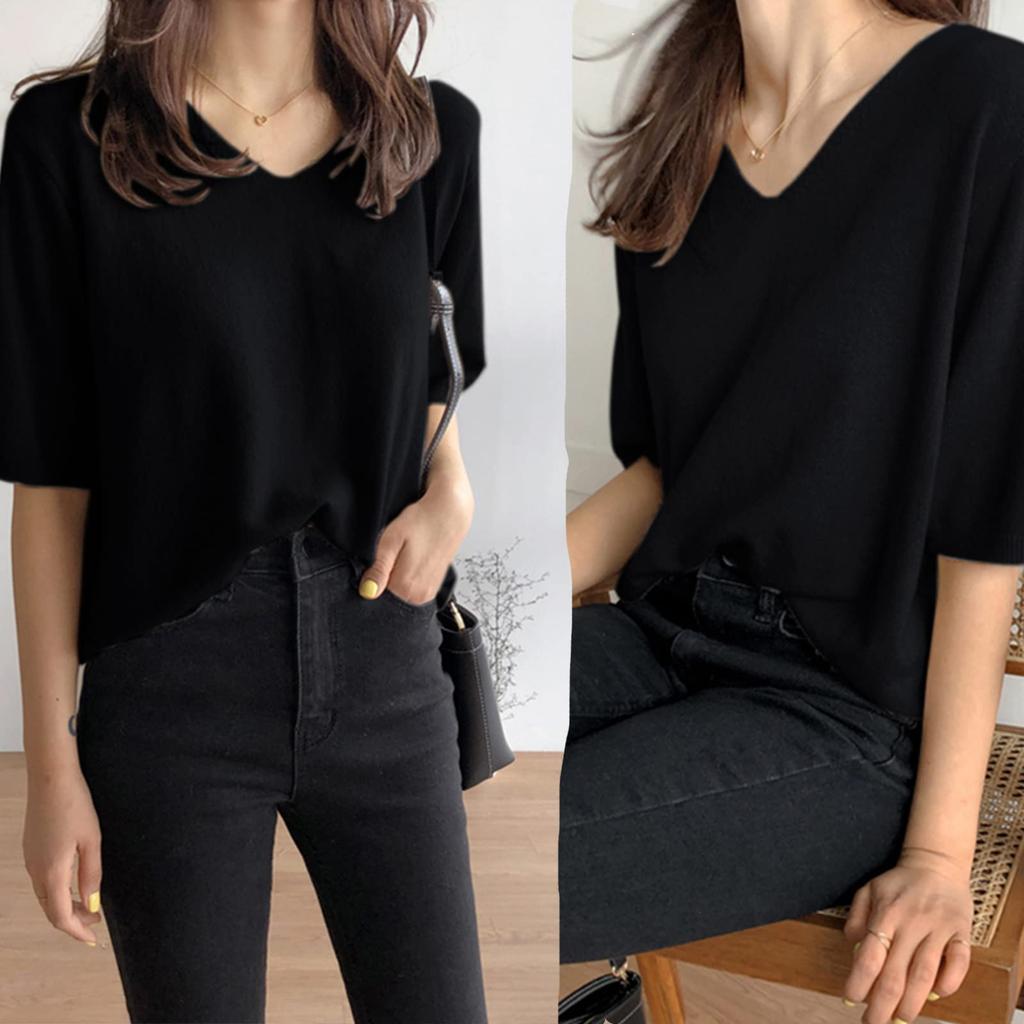 Summer Knit Short Sleeve Loose Cut and Fashionable Summer Beautiful Coordination [ANCKDOCE] Women's T-Shirt, V-Neck, Fit, Sewn, Clothes, Tops, (White)