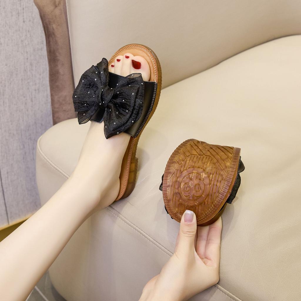 Fashion Cow Leather Sandals 2025 New Women's Slippers Bow Large Size 35-43 Beef Tendon Sole Soft Sole Geunine Leather Slippers