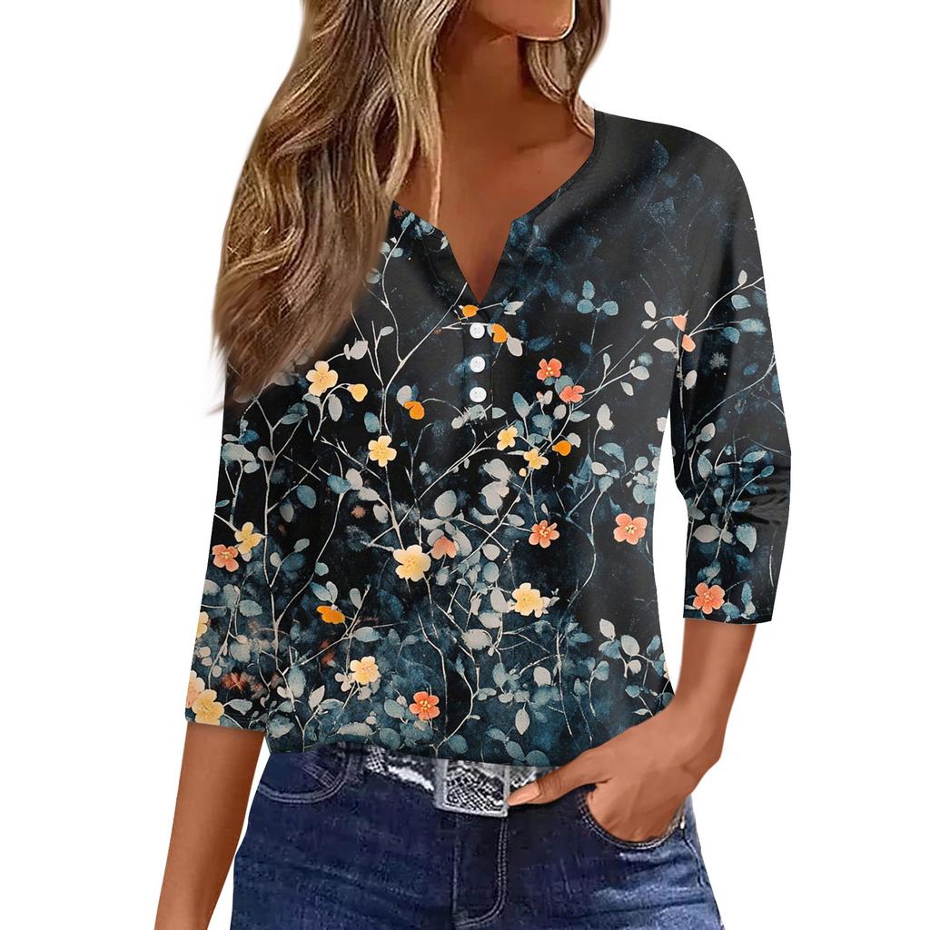 Damen V-Ausschnitt Freizeit Dreiviertelarm Knopf-Detail Top mit Blumenmuster