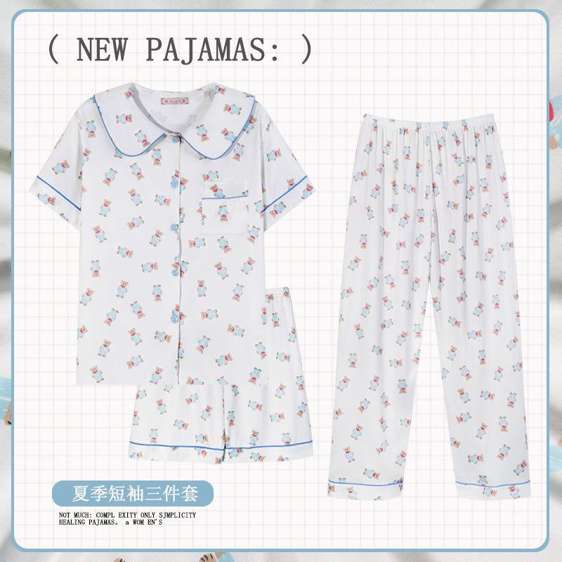 Bear pajamas women's summer short-sleeved shorts and trousers three-piece set women's loungewear can be worn outside