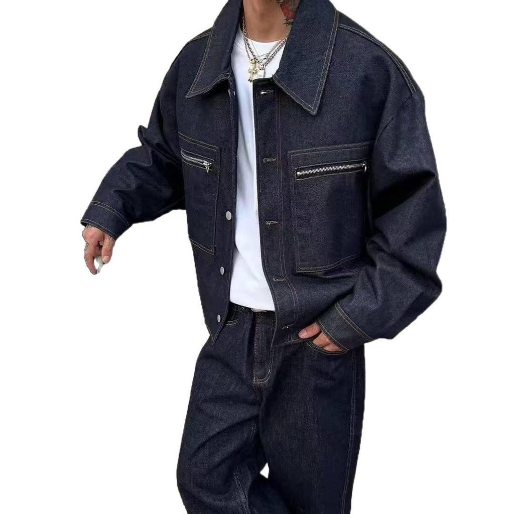 Men's Dark Blue Raw Denim Workwear Jacket - Loose Fit & Worn-Out Style