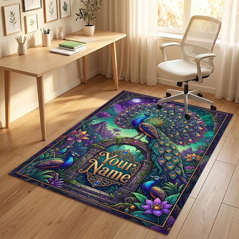 Peacock Theme Soft Crystal Velvet Rug Custom Name & Text Print Non Slip Floor Rug for Bedroom Living Room