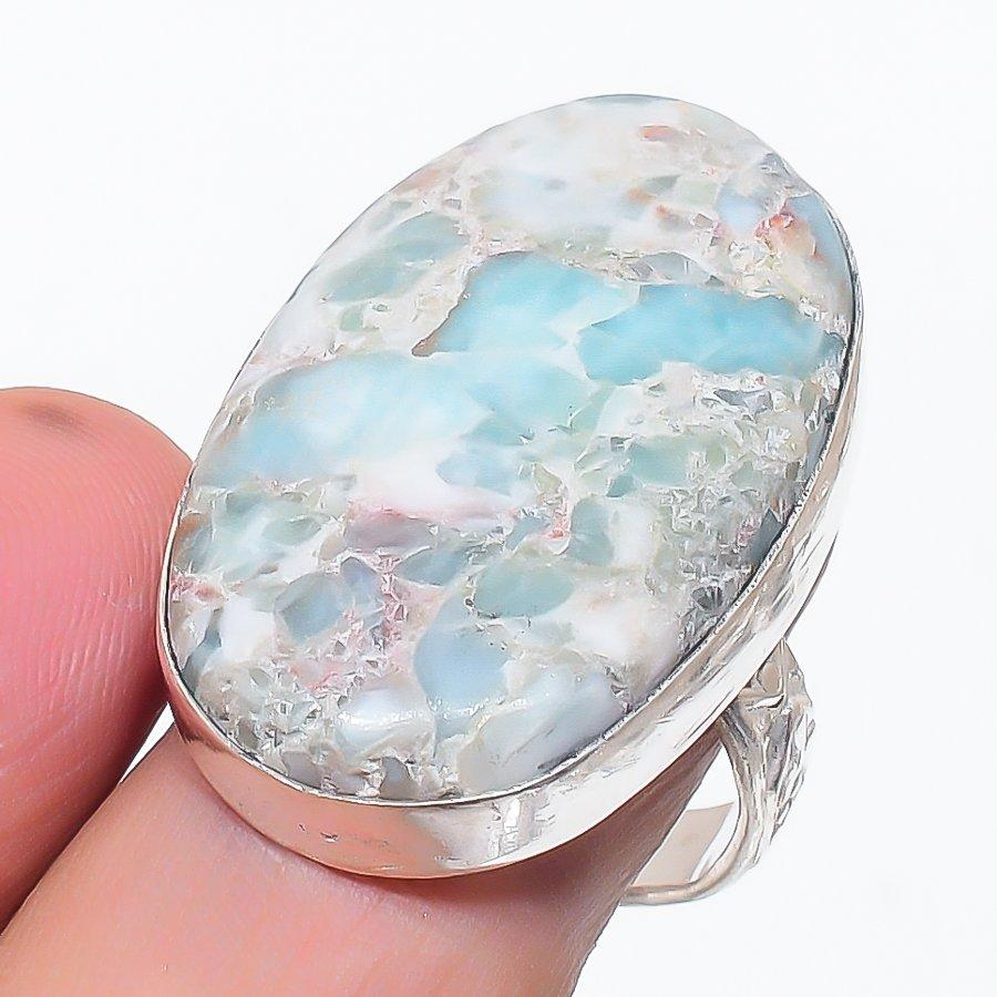 Natural Larimar Gemstone Handmade 925 Sterling Silver Jewelry Ring Size 9 t5t75