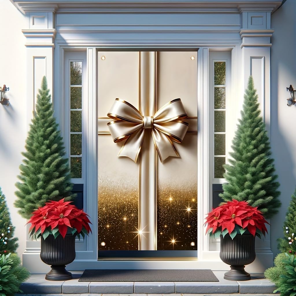 Door Cover Golden Gift Box Bow 71x35 Inch Decorative Holiday Front Door WrapChristmas Party Wedding Birthday Celebration Indoor Qutdoor Decoration