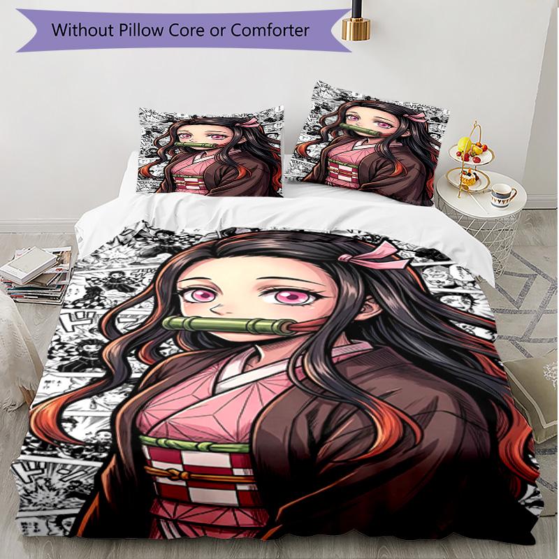 3pcs Duvet Cover Set (1*Duvet Cover + 2*Pillowcase, Without Core), Demon Slayer Print Soft All‑Season Bedding Set, Home Bedroom Decor Gift