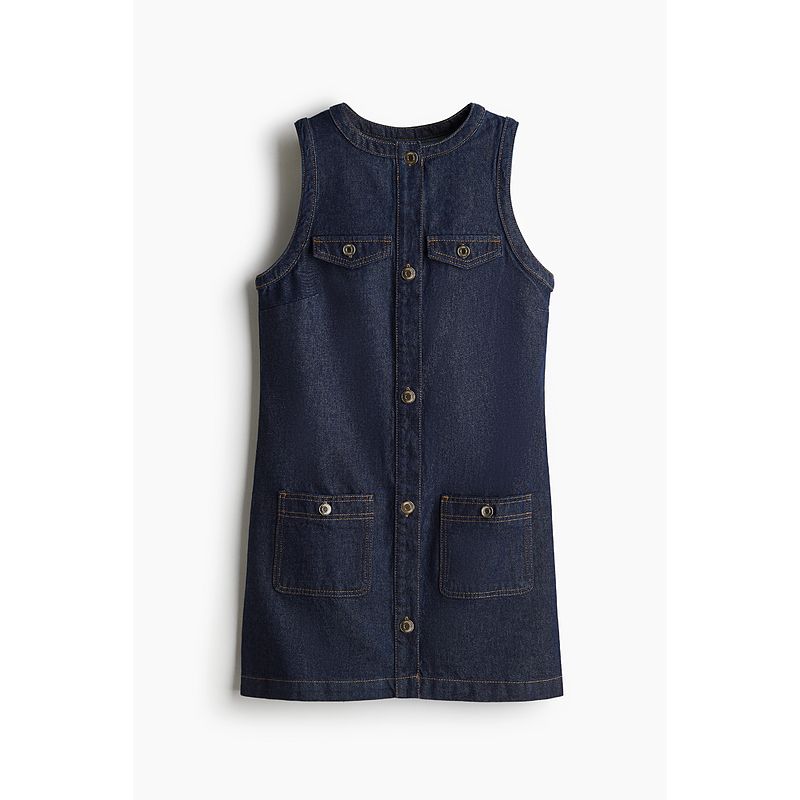 

HM Women s Clothing Dress 2025 Autumn New round Neck Sleeveless Front Buckle Denim Skirt Dress 1267578 Deep cowboy Blue 155/80
