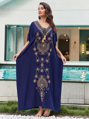 Plus Size Embroidered Kaftan Blue Tassel Summer Long Beach Dress Women Homewear Outfit Swim Suit Cover Up Loose Caftan