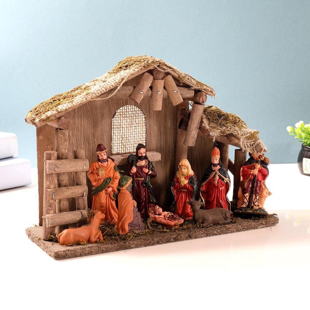 Nativity Scene Figures Religious Festive Miniature Figurine Set Jesus Manger And House Figure Ornaments For Windowsill Home