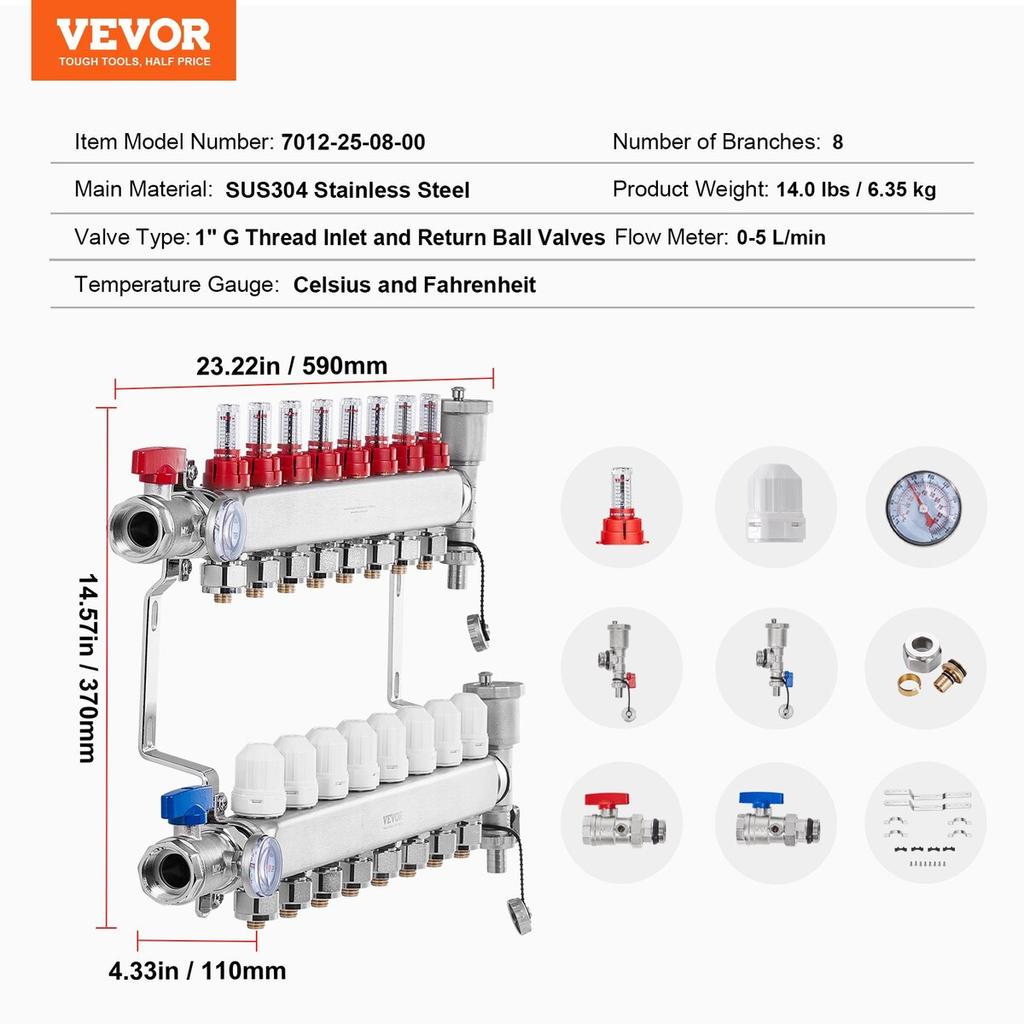 8-Branch Radiant Heat Manifold 1/2" PEX Tubing Floor Heating Manifold Set