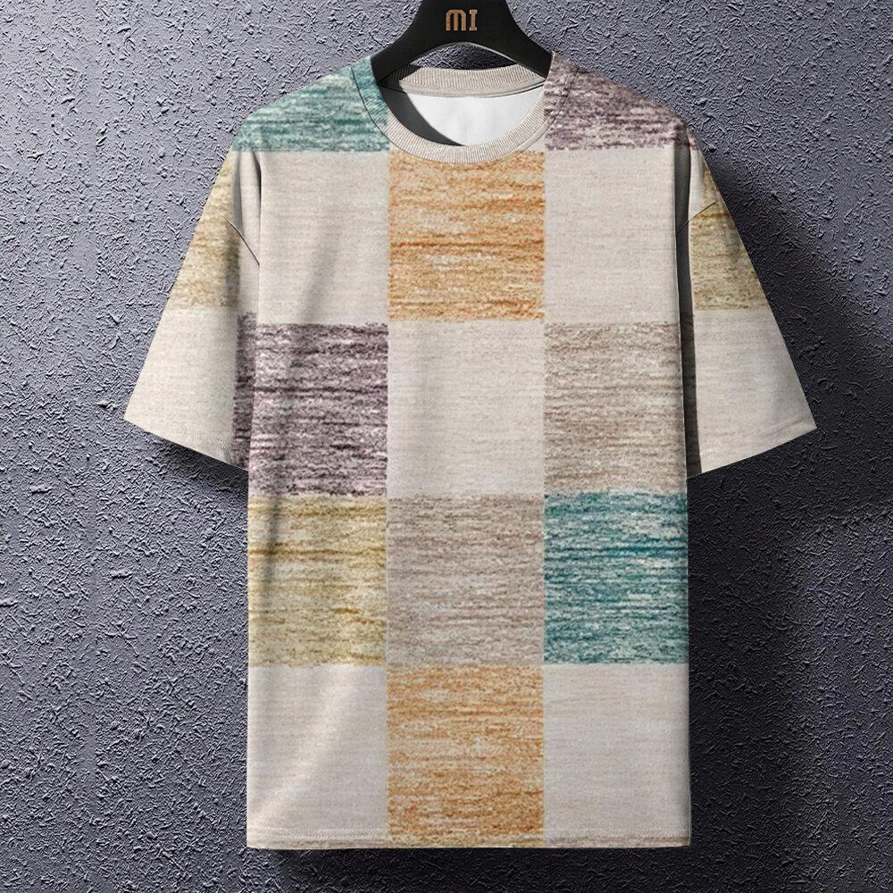 Retro pánské tričko kostkovaný potisk trička patchworkové oblečení kulatý výstřih krátký rukáv halenka nadměrná topy pánské Harajuku módní trička